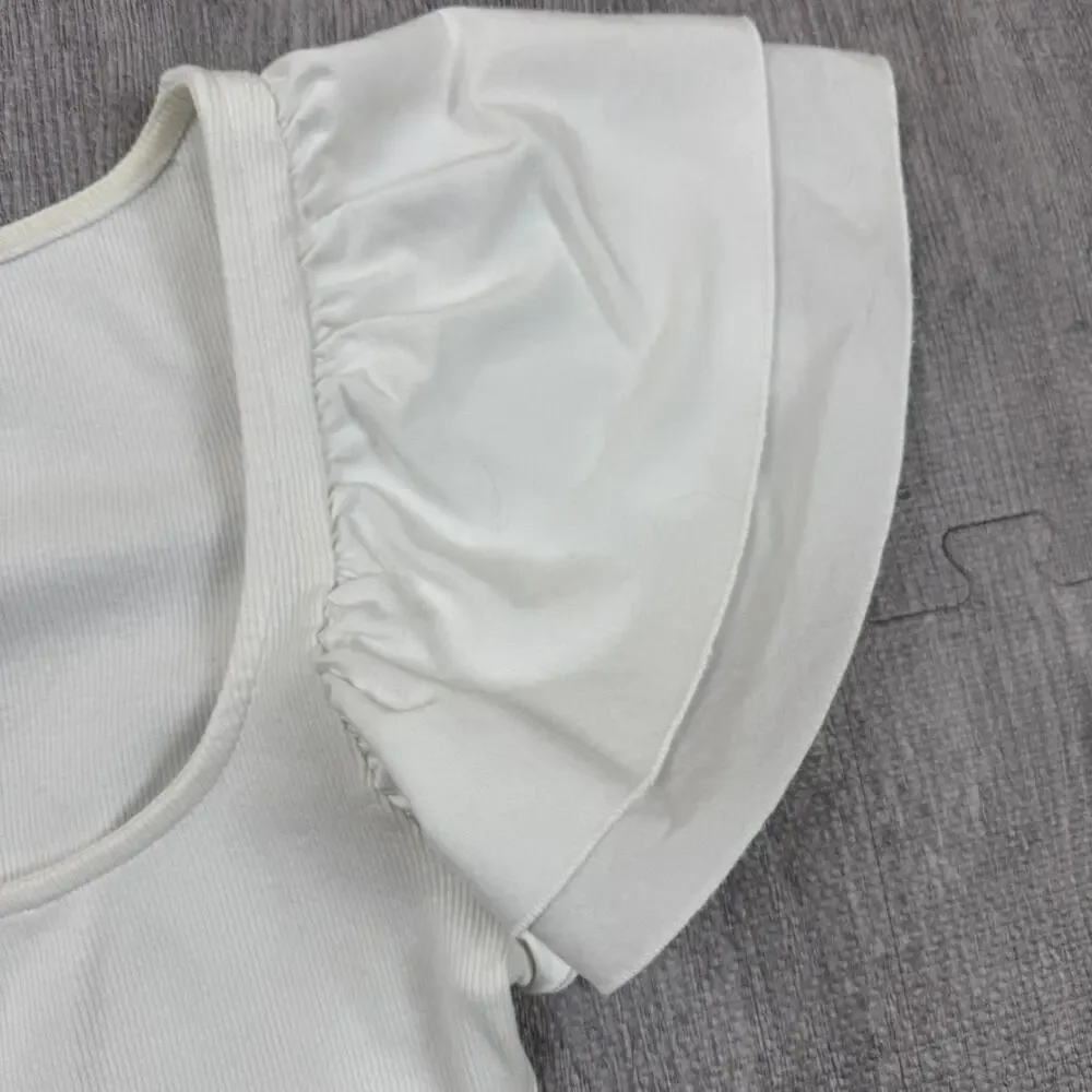 Zara Cloud Dancer Flutter Sleeve Scoop Neck Ribbed Crop Top Sz S Resort Coastal
